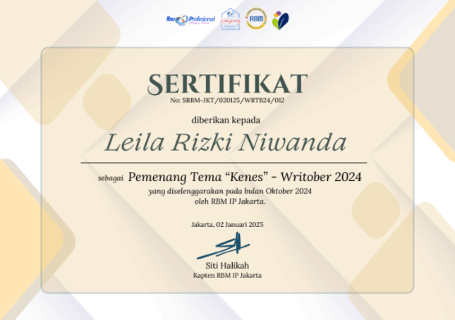 Sertifikat Pemenang Tema Writober 2024 RBM IP Jakarta - Kenes